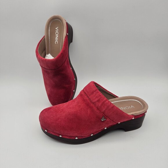 Vionic Kacie Red Suede Clogs Mules Slip On Womens Sz 7 NEW READ - Picture 1 of 11